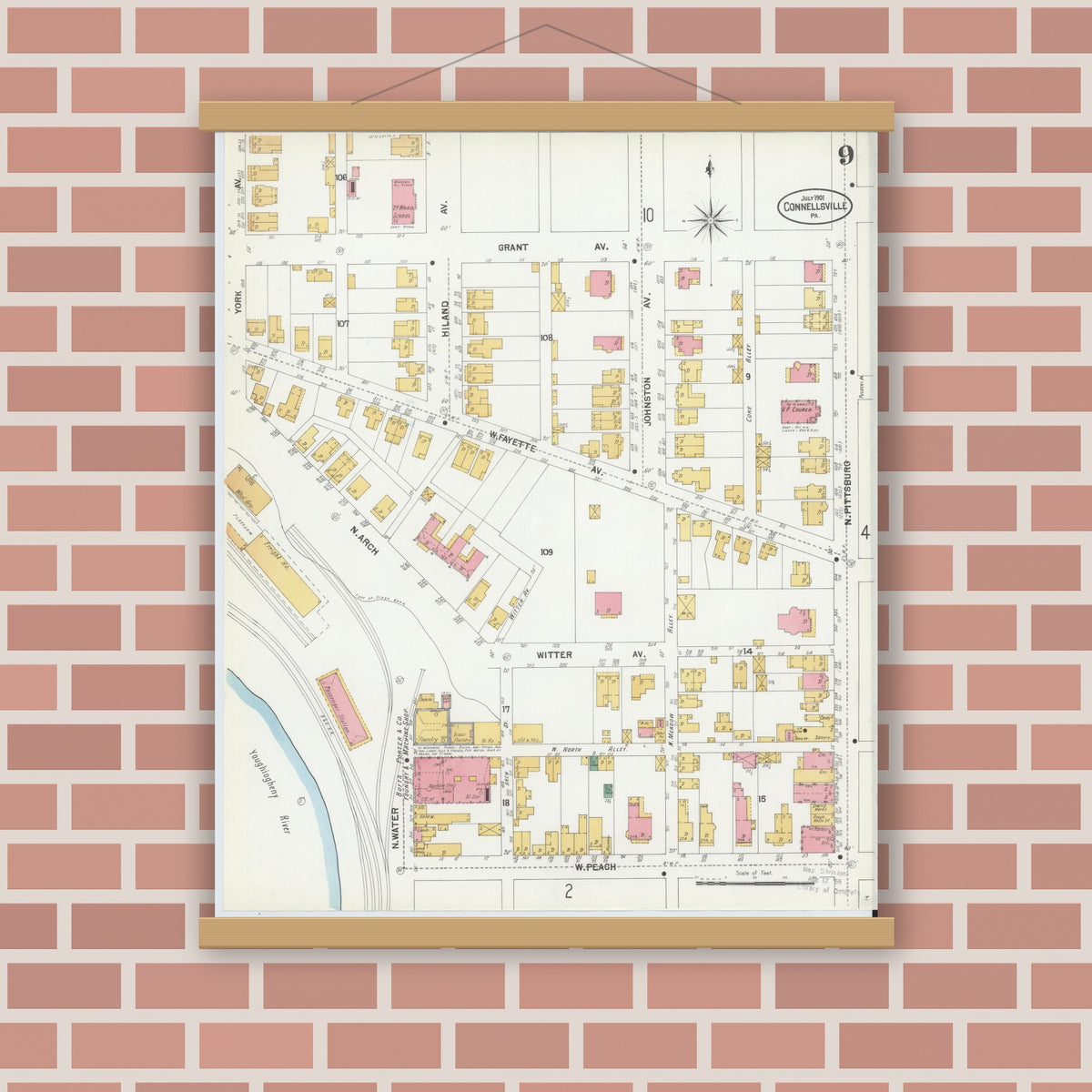 Old map wall art mockup — magnetic wood frame on brick wall — Sanborn Fire Insurance Map from Connellsville, Fayette County, Pennsylvania (1901), Sheet #0009