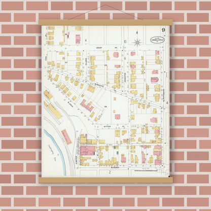 Old map wall art mockup — magnetic wood frame on brick wall — Sanborn Fire Insurance Map from Connellsville, Fayette County, Pennsylvania (1901), Sheet #0009