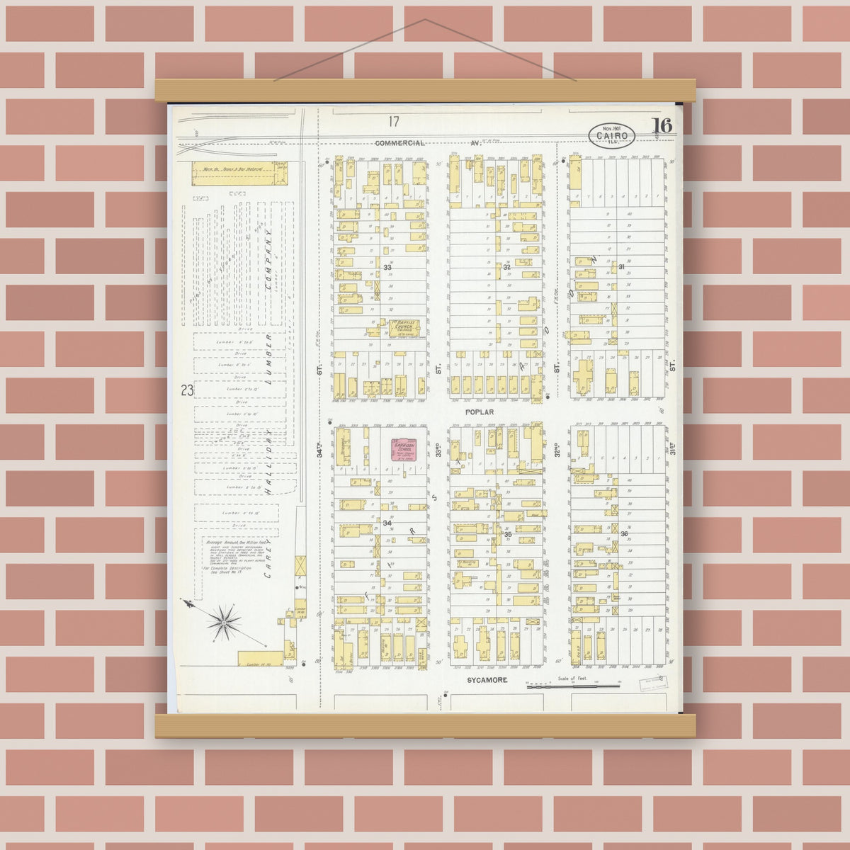 Old map wall art mockup — magnetic wood frame on brick wall — Sanborn Fire Insurance Map from Cairo, Alexander County, Illinois (1901), Sheet #0016