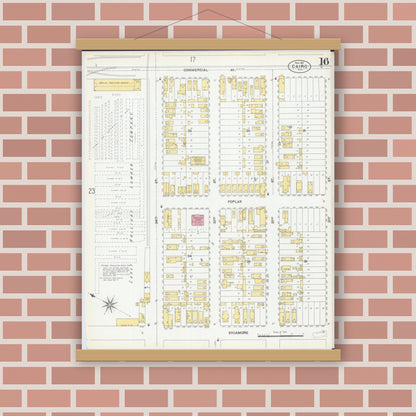 Old map wall art mockup — magnetic wood frame on brick wall — Sanborn Fire Insurance Map from Cairo, Alexander County, Illinois (1901), Sheet #0016