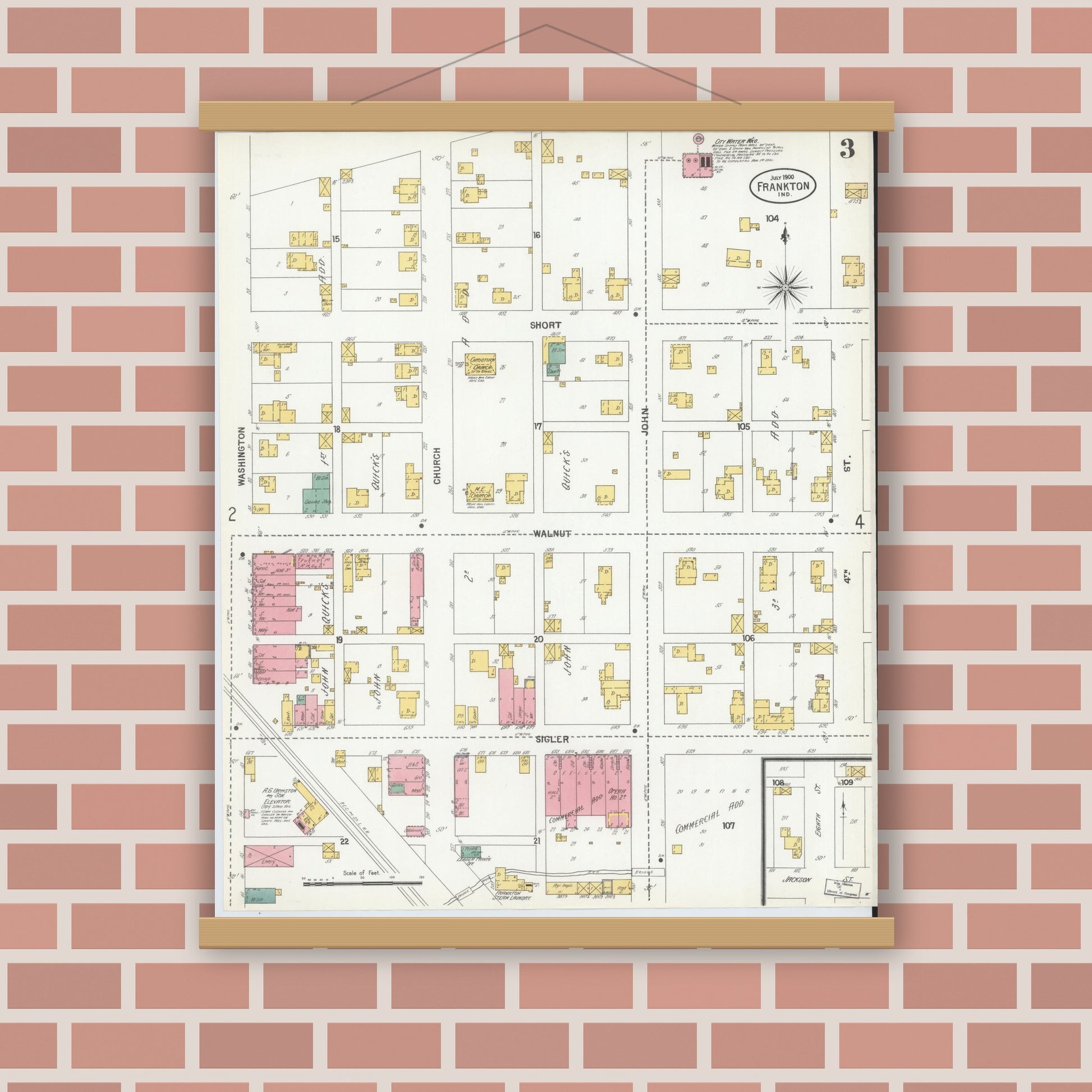 Old map wall art mockup — magnetic wood frame on brick wall — Sanborn Fire Insurance Map from Frankton, Madison County, Indiana (1900), Sheet #0003