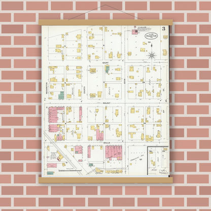 Old map wall art mockup — magnetic wood frame on brick wall — Sanborn Fire Insurance Map from Frankton, Madison County, Indiana (1900), Sheet #0003