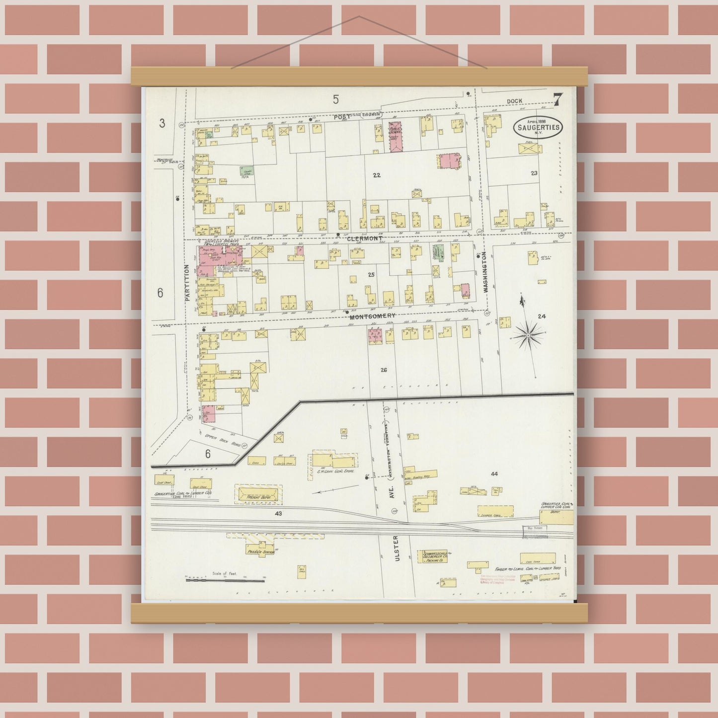 Old map wall art mockup — magnetic wood frame on brick wall — Sanborn Fire Insurance Map from Saugerties, Ulster County, New York (1898), Sheet #0007