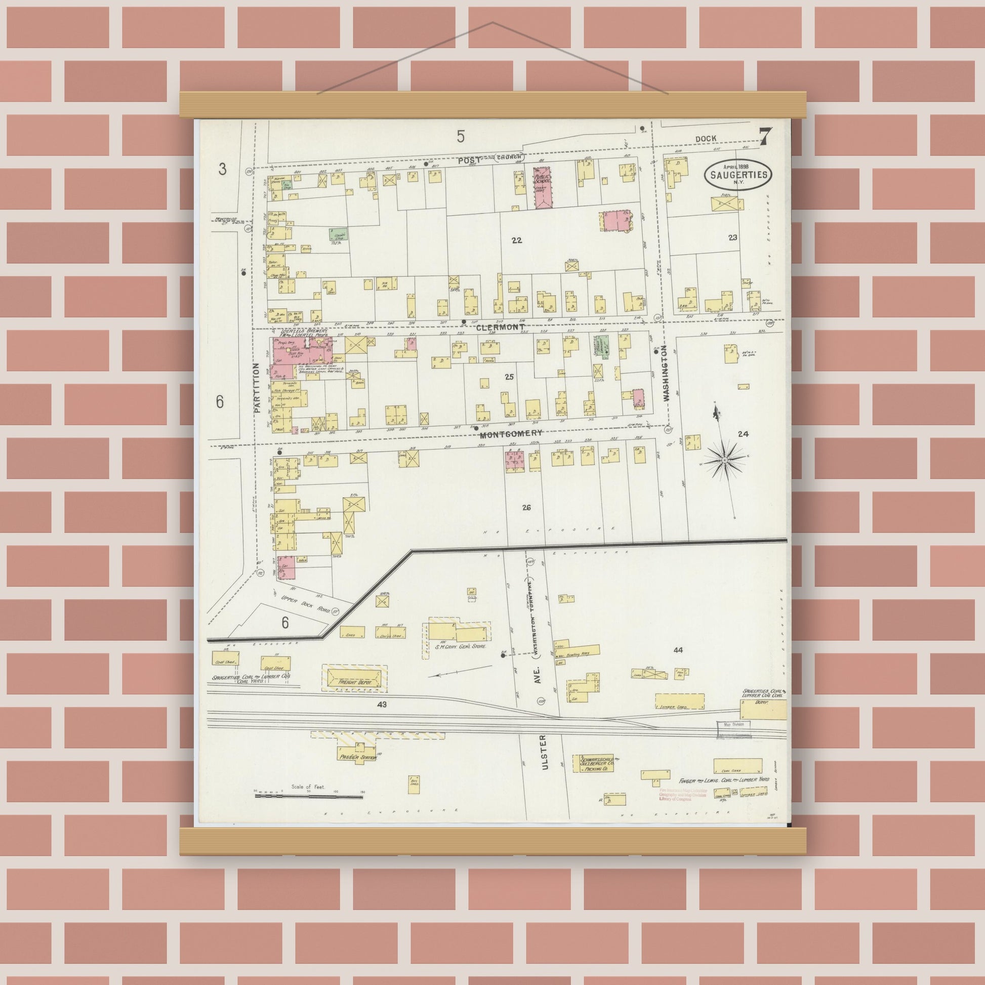 Old map wall art mockup — magnetic wood frame on brick wall — Sanborn Fire Insurance Map from Saugerties, Ulster County, New York (1898), Sheet #0007