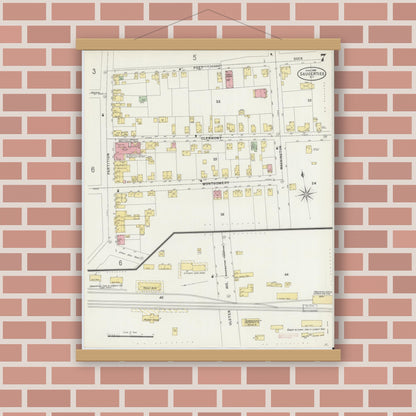Old map wall art mockup — magnetic wood frame on brick wall — Sanborn Fire Insurance Map from Saugerties, Ulster County, New York (1898), Sheet #0007