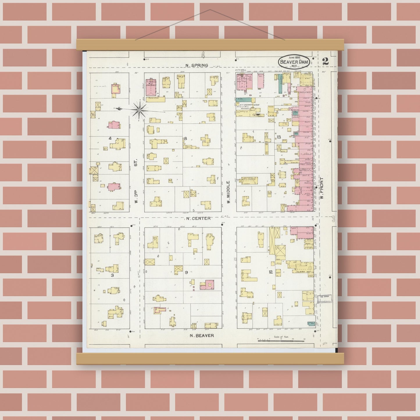 Old map wall art mockup — magnetic wood frame on brick wall — Sanborn Fire Insurance Map from Beaver Dam, Dodge County, Wisconsin (1892), Sheet #0002
