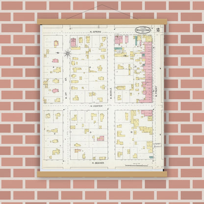 Old map wall art mockup — magnetic wood frame on brick wall — Sanborn Fire Insurance Map from Beaver Dam, Dodge County, Wisconsin (1892), Sheet #0002