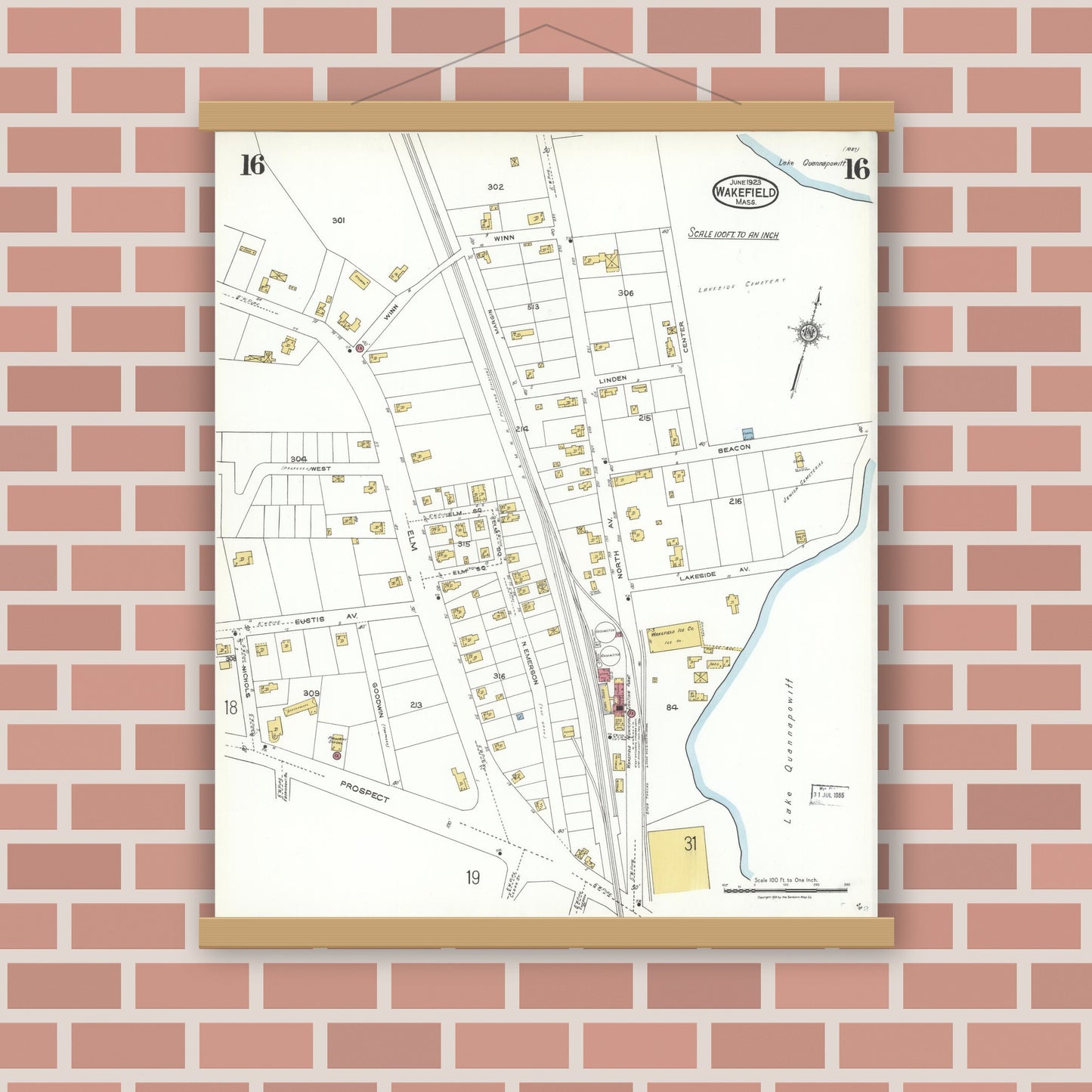 Old map wall art mockup — magnetic wood frame on brick wall — Sanborn Fire Insurance Map from Wakefield, Middlesex County, Massachusetts (1923), Sheet #0016