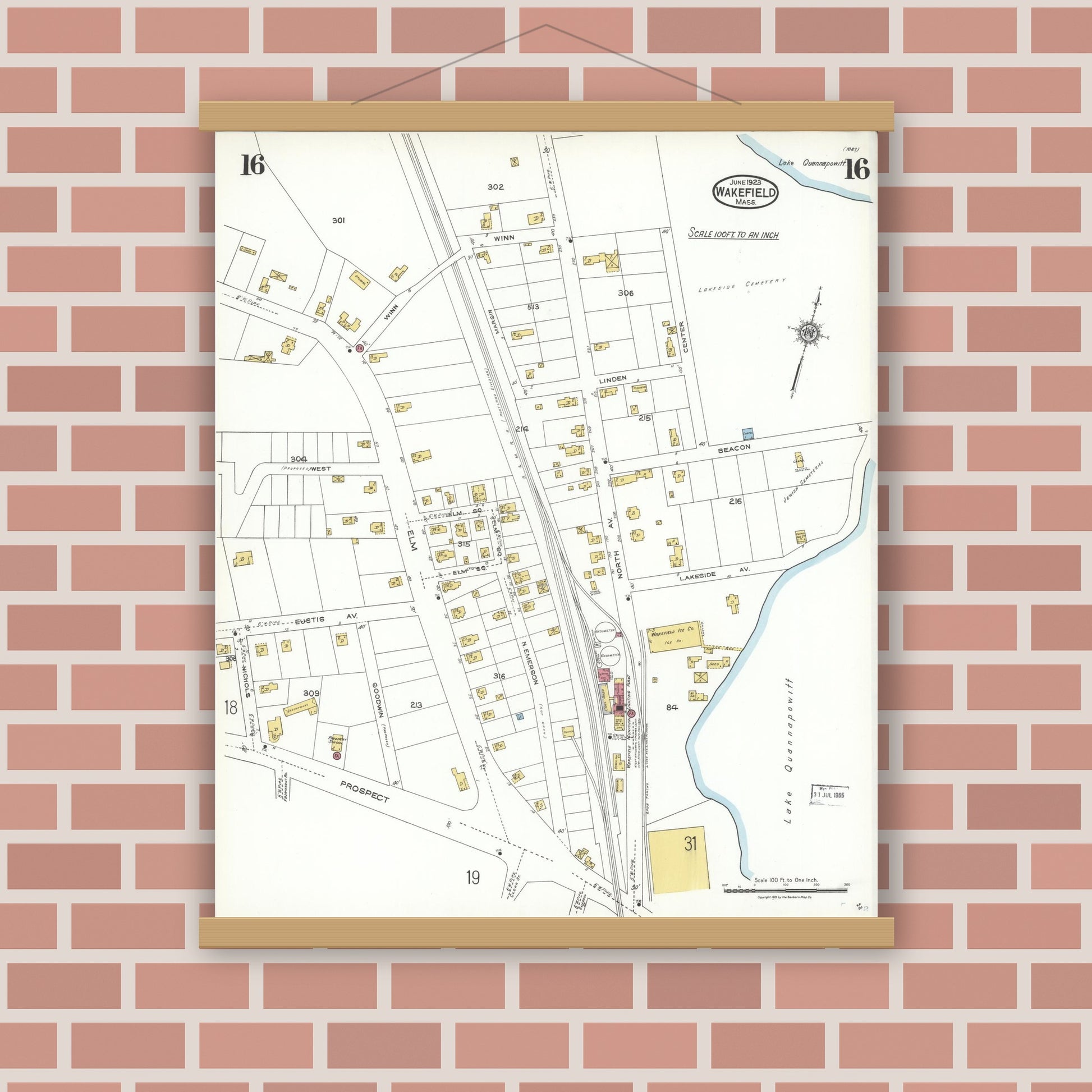 Old map wall art mockup — magnetic wood frame on brick wall — Sanborn Fire Insurance Map from Wakefield, Middlesex County, Massachusetts (1923), Sheet #0016