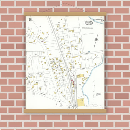 Old map wall art mockup — magnetic wood frame on brick wall — Sanborn Fire Insurance Map from Wakefield, Middlesex County, Massachusetts (1923), Sheet #0016