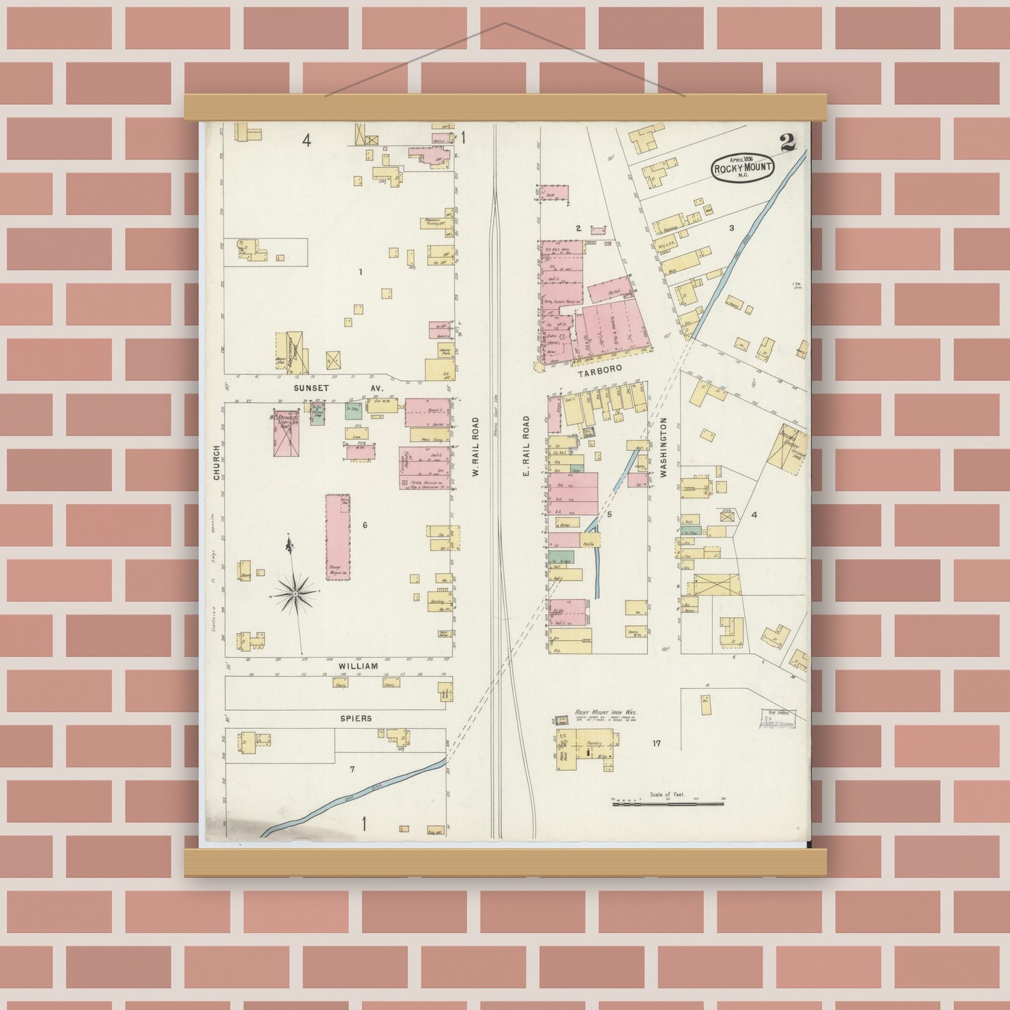 Old map wall art mockup — magnetic wood frame on brick wall — Sanborn Fire Insurance Map from Rocky Mount, Edgecombe And Nash Counties, North Carolina (1896), Sheet #0002