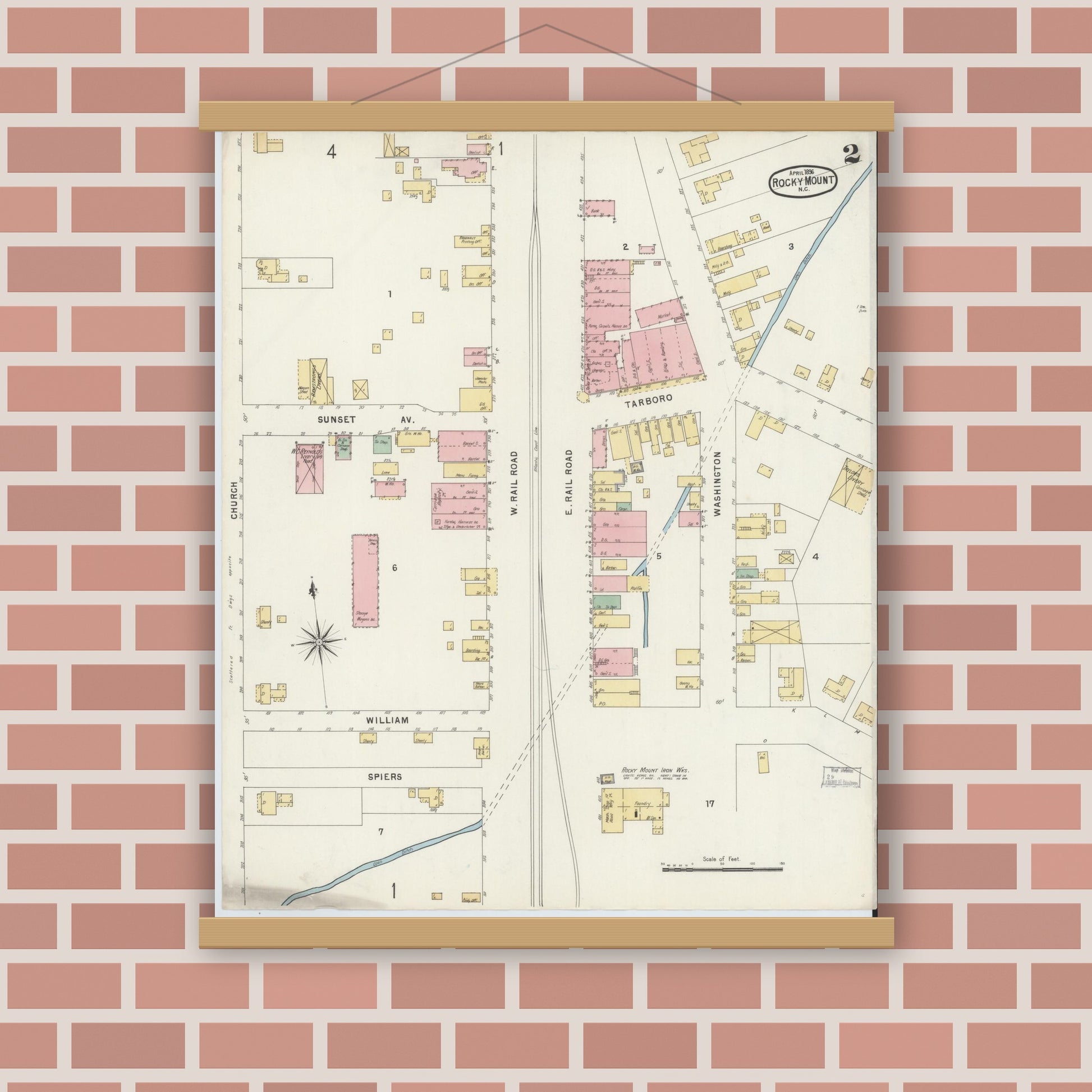 Old map wall art mockup — magnetic wood frame on brick wall — Sanborn Fire Insurance Map from Rocky Mount, Edgecombe And Nash Counties, North Carolina (1896), Sheet #0002