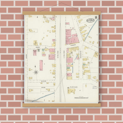 Old map wall art mockup — magnetic wood frame on brick wall — Sanborn Fire Insurance Map from Rocky Mount, Edgecombe And Nash Counties, North Carolina (1896), Sheet #0002
