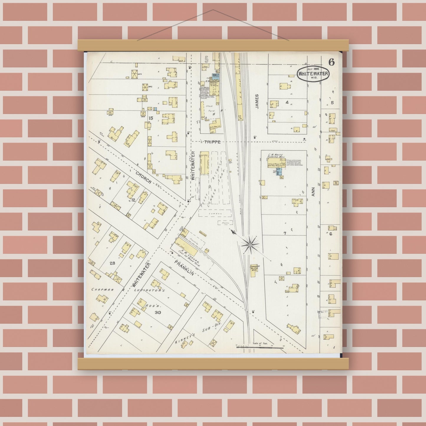 Old map wall art mockup — magnetic wood frame on brick wall — Sanborn Fire Insurance Map from Whitewater, Walworth County, Wisconsin (1892), Sheet #0006