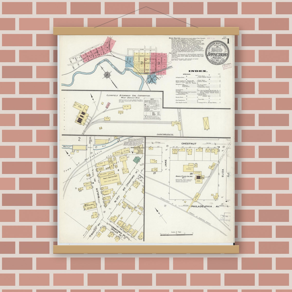 Old map wall art mockup — magnetic wood frame on brick wall — Sanborn Fire Insurance Map from Barnesboro, Cambria County, Pennsylvania (1910) - Complete Map Set