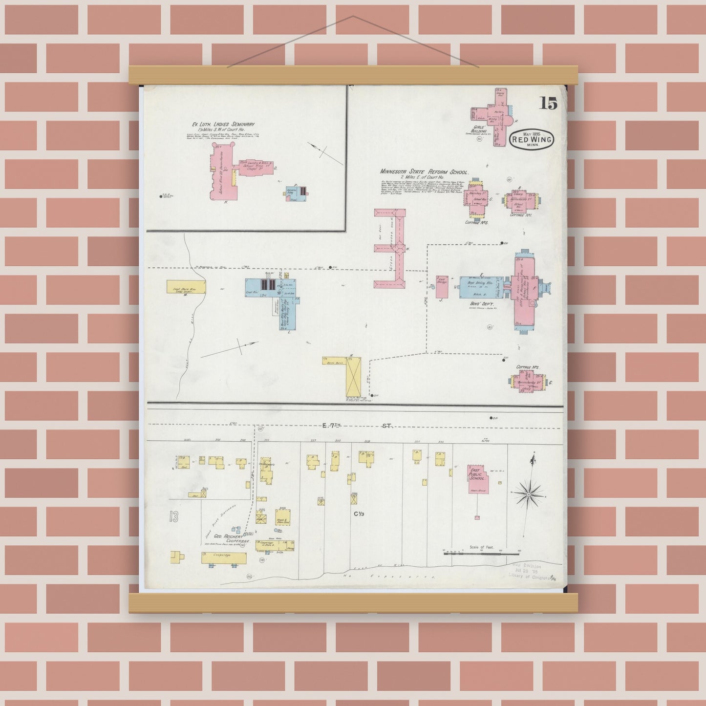 Old map wall art mockup — magnetic wood frame on brick wall — Sanborn Fire Insurance Map from Red Wing, Goodhue County, Minnesota (1895), Sheet #0015