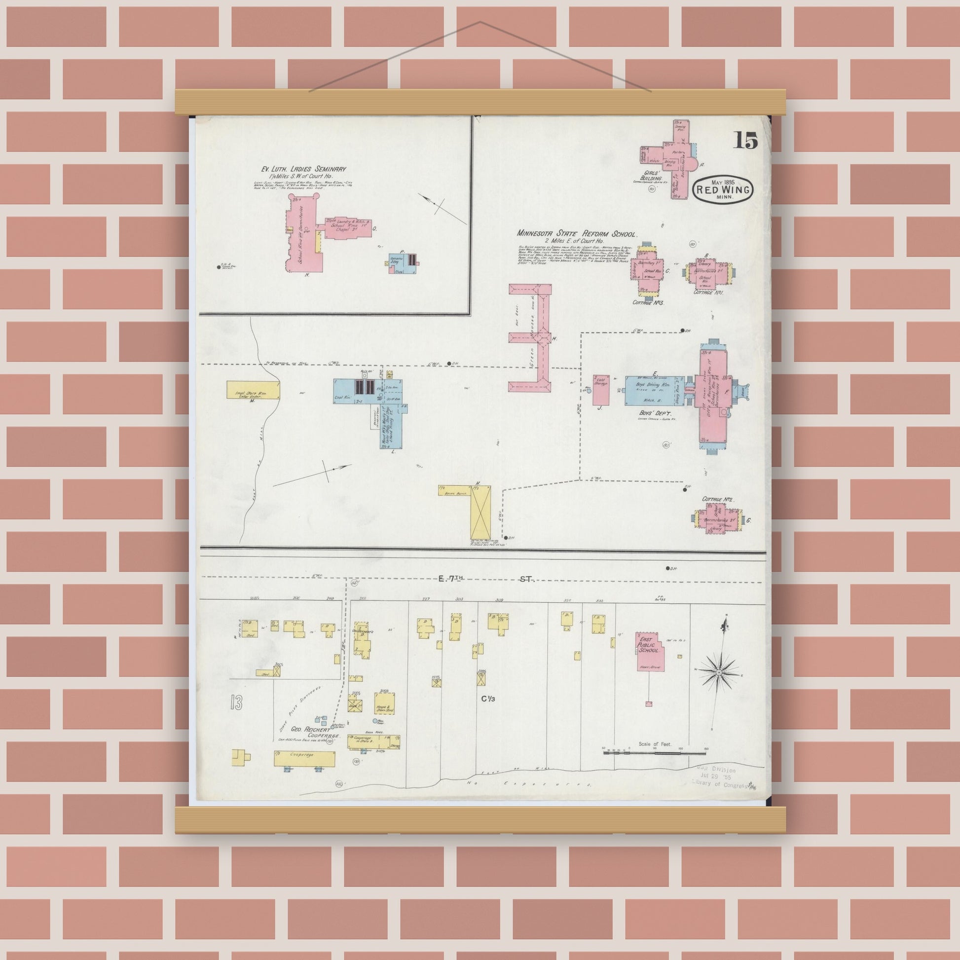 Old map wall art mockup — magnetic wood frame on brick wall — Sanborn Fire Insurance Map from Red Wing, Goodhue County, Minnesota (1895), Sheet #0015