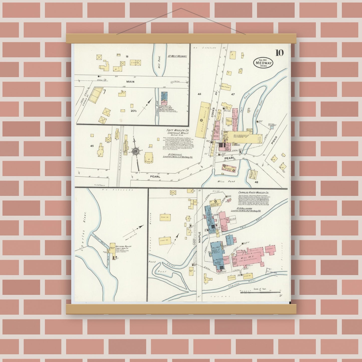 Old map wall art mockup — magnetic wood frame on brick wall — Sanborn Fire Insurance Map from Medway, Norfolk County, Massachusetts (1910), Sheet #0010