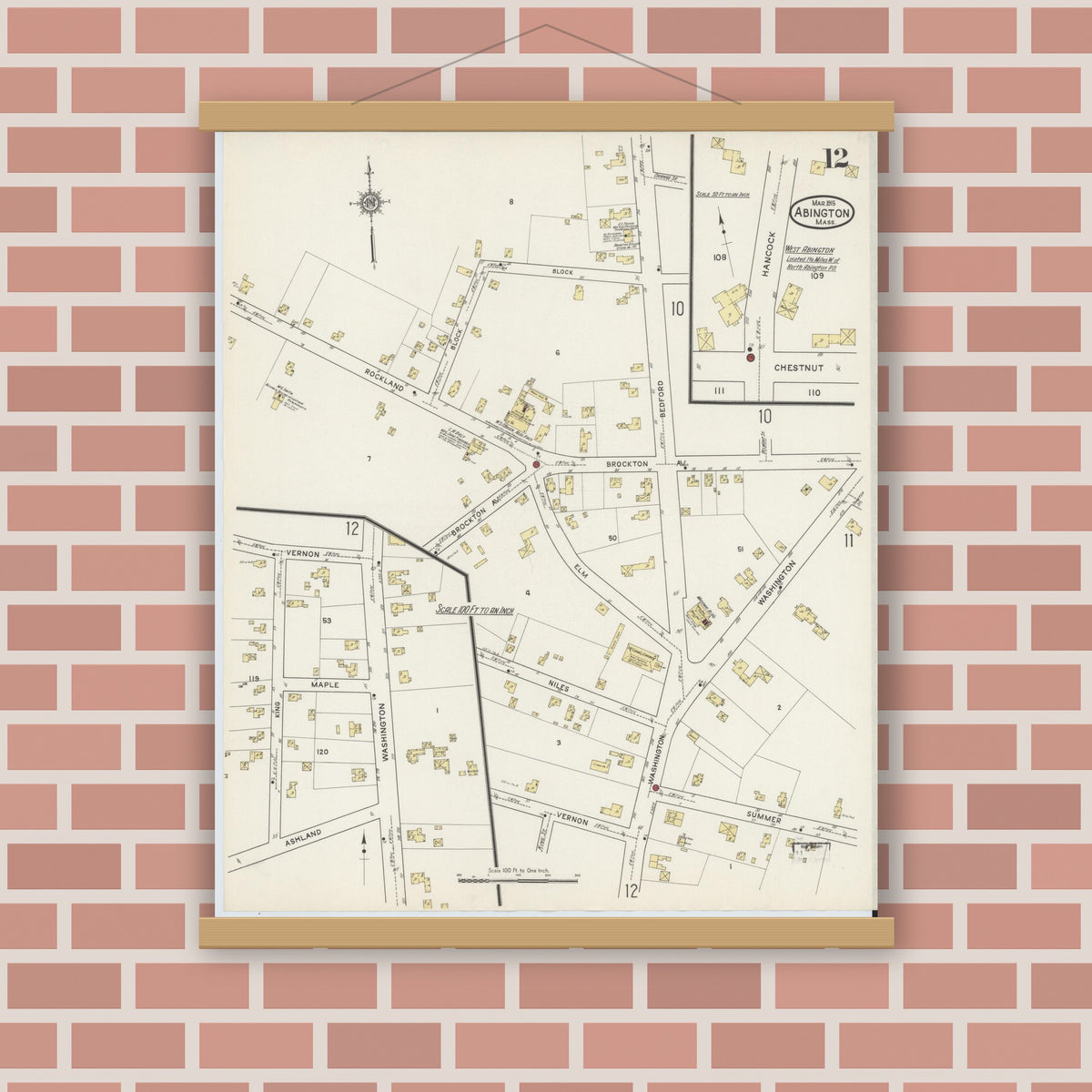 Old map wall art mockup — magnetic wood frame on brick wall — Sanborn Fire Insurance Map from Abington, Plymouth County, Massachusetts (1915), Sheet #0012