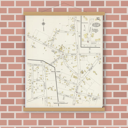 Old map wall art mockup — magnetic wood frame on brick wall — Sanborn Fire Insurance Map from Abington, Plymouth County, Massachusetts (1915), Sheet #0012
