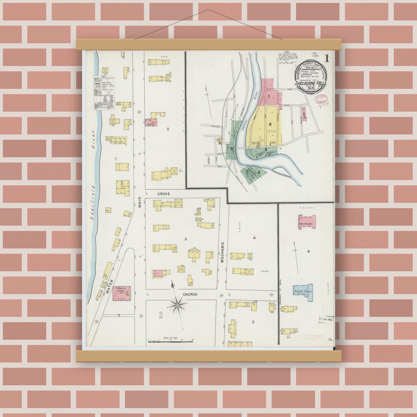 Old map wall art mockup — magnetic wood frame on brick wall — Sanborn Fire Insurance Map from Shelburne Falls, Franklin County, Massachusetts (1895) - Complete Map Set