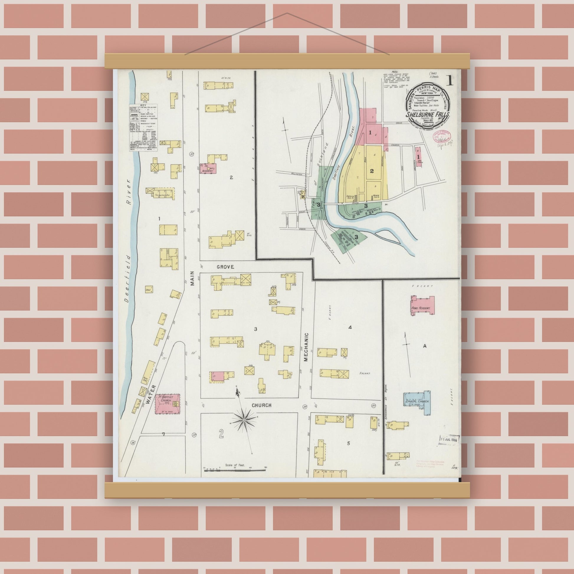 Old map wall art mockup — magnetic wood frame on brick wall — Sanborn Fire Insurance Map from Shelburne Falls, Franklin County, Massachusetts (1895) - Complete Map Set