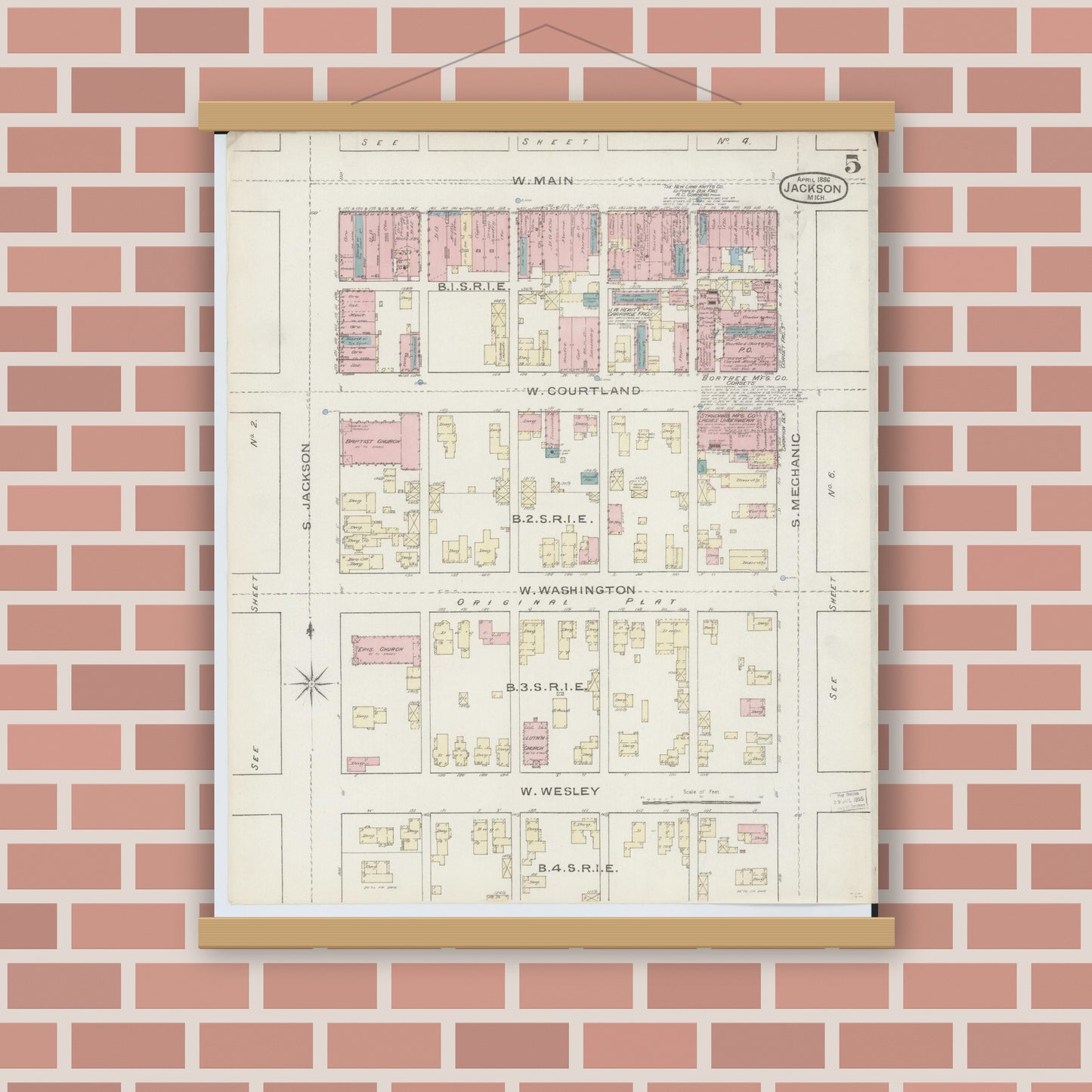 Old map wall art mockup — magnetic wood frame on brick wall — Sanborn Fire Insurance Map from Jackson, Jackson County, Michigan (1886), Sheet #0005