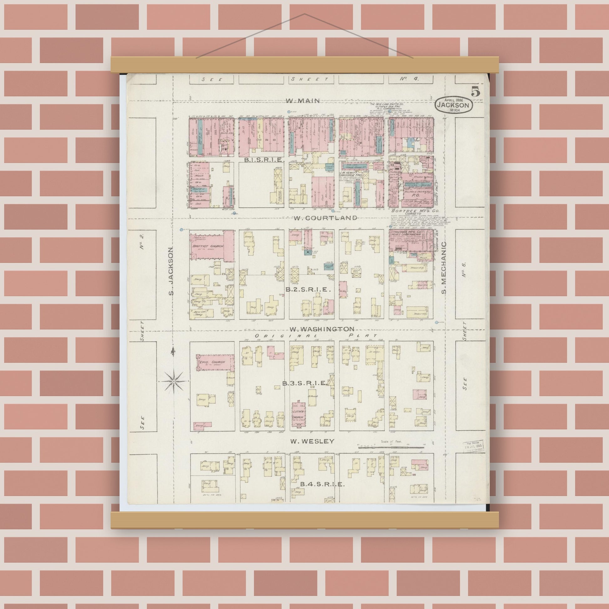 Old map wall art mockup — magnetic wood frame on brick wall — Sanborn Fire Insurance Map from Jackson, Jackson County, Michigan (1886), Sheet #0005