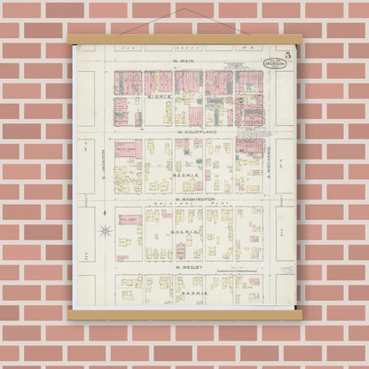 Old map wall art mockup — magnetic wood frame on brick wall — Sanborn Fire Insurance Map from Jackson, Jackson County, Michigan (1886), Sheet #0005