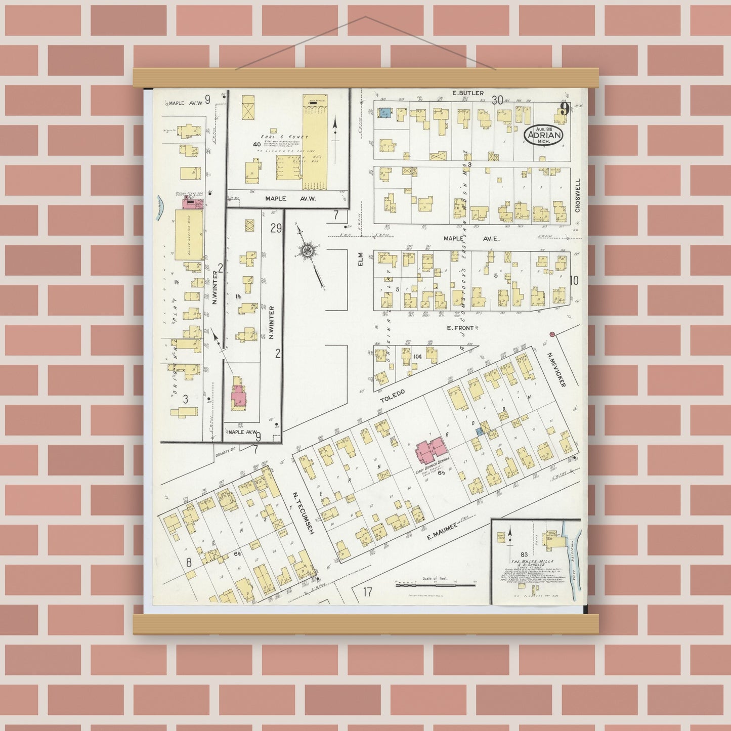 Old map wall art mockup — magnetic wood frame on brick wall — Sanborn Fire Insurance Map from Adrian, Lenawee County, Michigan (1916), Sheet #0009
