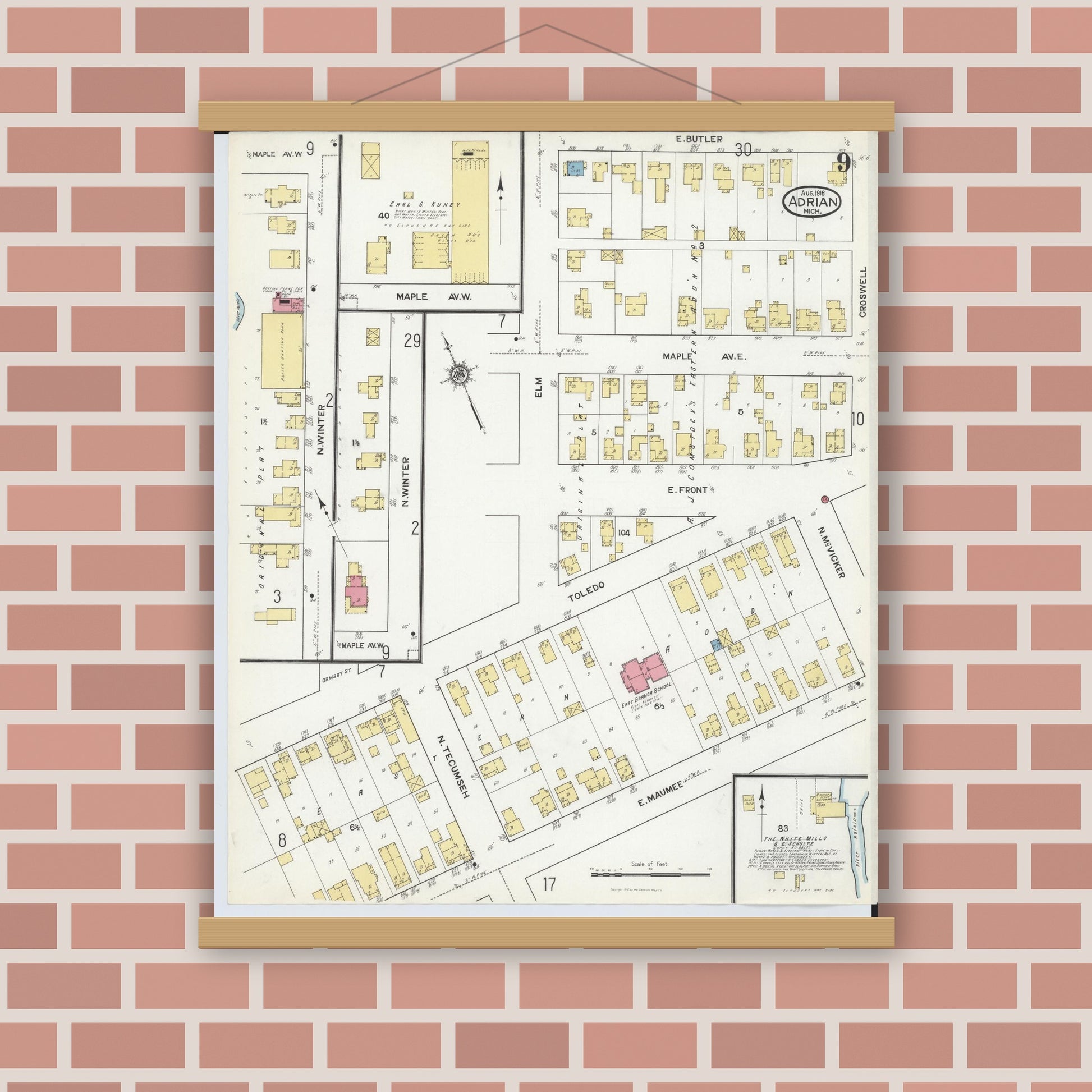 Old map wall art mockup — magnetic wood frame on brick wall — Sanborn Fire Insurance Map from Adrian, Lenawee County, Michigan (1916), Sheet #0009