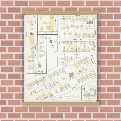 Old map wall art mockup — magnetic wood frame on brick wall — Sanborn Fire Insurance Map from Adrian, Lenawee County, Michigan (1916), Sheet #0009