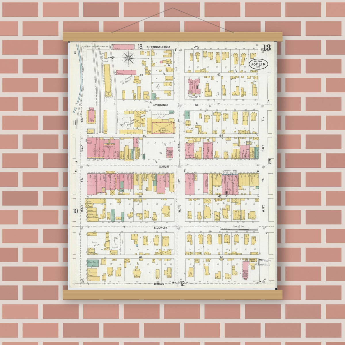 Old map wall art mockup — magnetic wood frame on brick wall — Sanborn Fire Insurance Map from Joplin, Jasper County, Missouri (1900), Sheet #0013