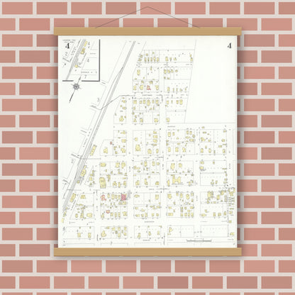 Old map wall art mockup — magnetic wood frame on brick wall — Sanborn Fire Insurance Map from Conroe, Montgomery County, Texas (1938), Sheet #0004