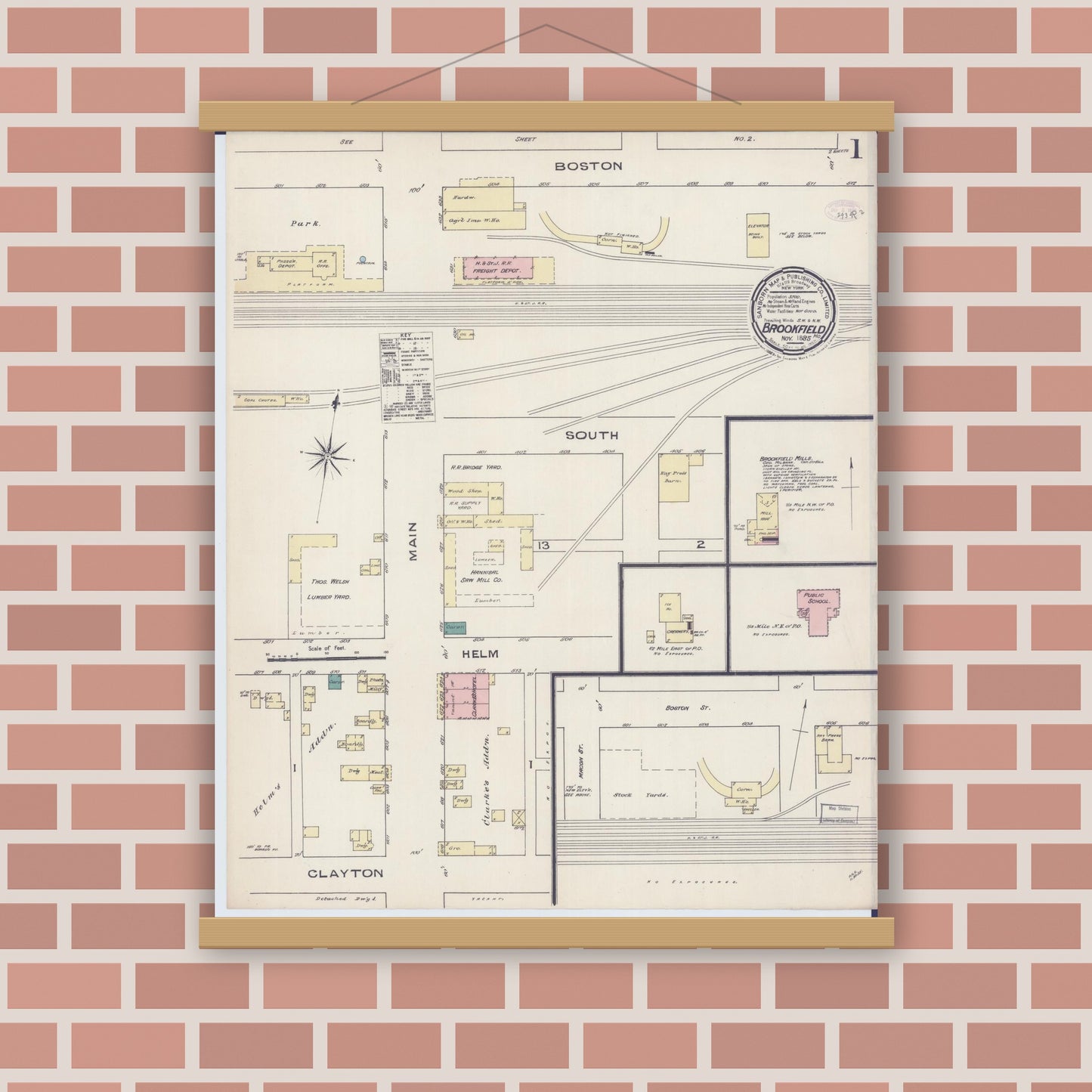 Old map wall art mockup — magnetic wood frame on brick wall — Sanborn Fire Insurance Map from Brookfield, Linn County, Missouri (1885) - Complete Map Set