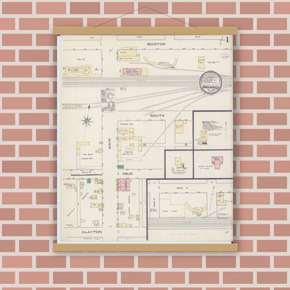 Old map wall art mockup — magnetic wood frame on brick wall — Sanborn Fire Insurance Map from Brookfield, Linn County, Missouri (1885) - Complete Map Set