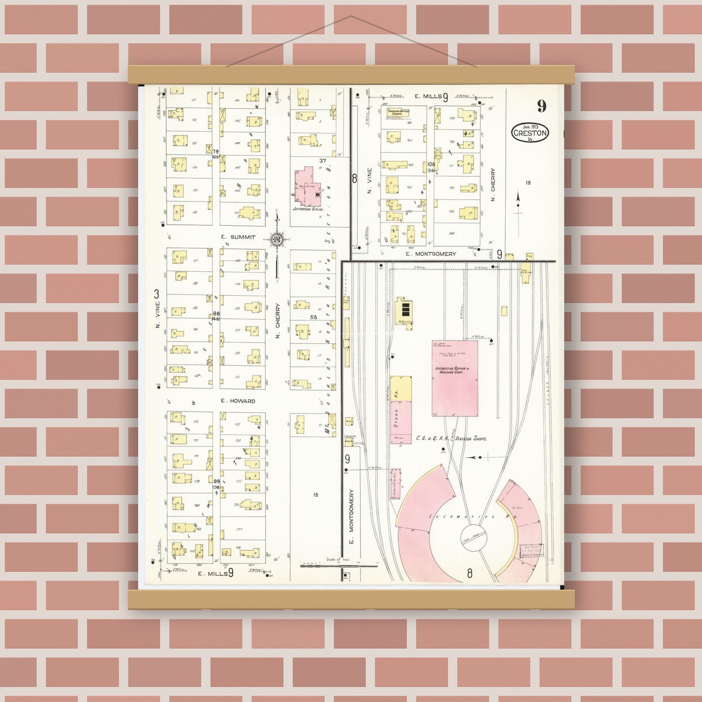 Old map wall art mockup — magnetic wood frame on brick wall — Sanborn Fire Insurance Map from Creston, Union County, Iowa (1913), Sheet #0009