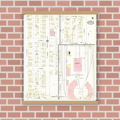 Old map wall art mockup — magnetic wood frame on brick wall — Sanborn Fire Insurance Map from Creston, Union County, Iowa (1913), Sheet #0009