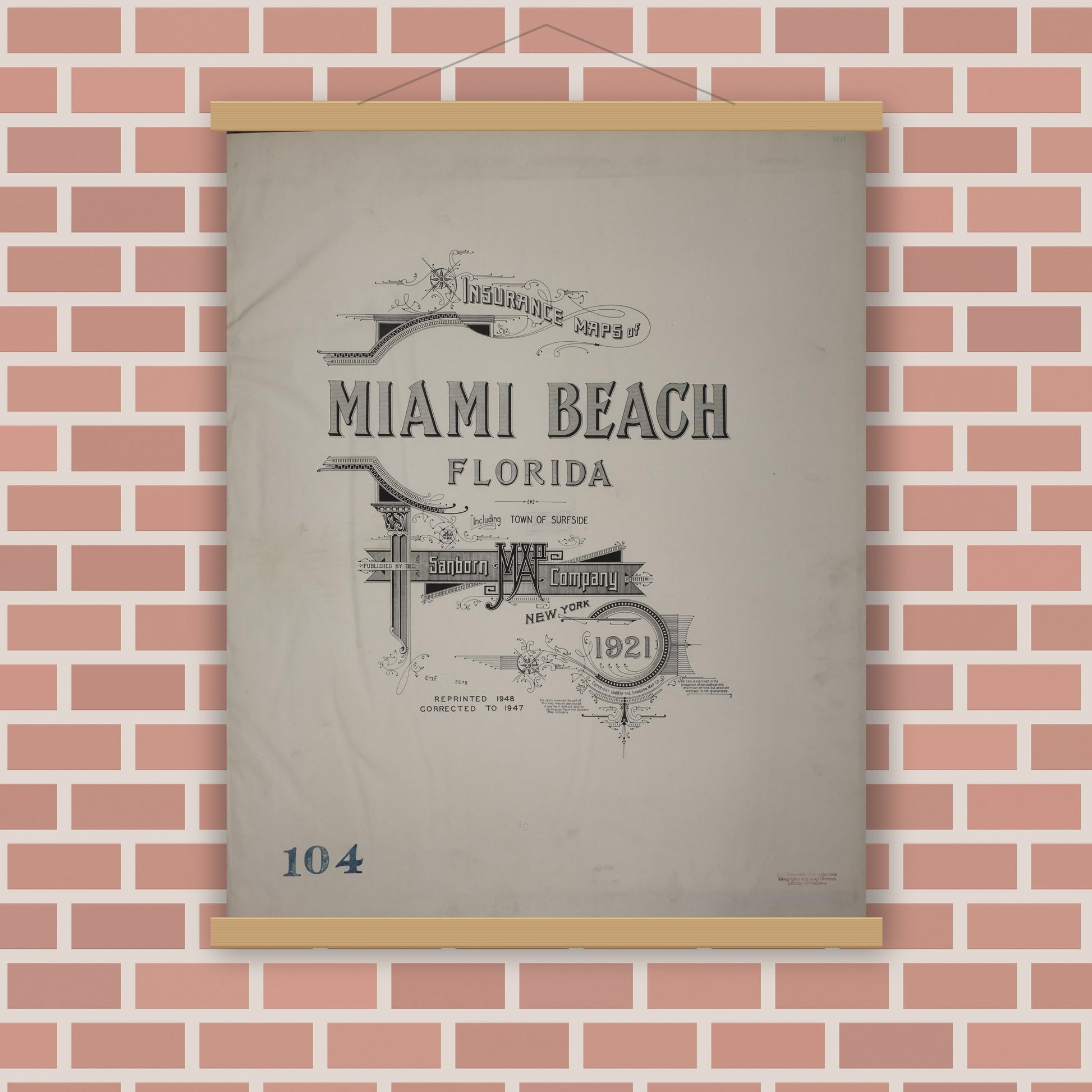 Old map wall art mockup — magnetic wood frame on brick wall — Sanborn Fire Insurance Map from Miami Beach, Dade County, Florida (1948), Sheet #0001