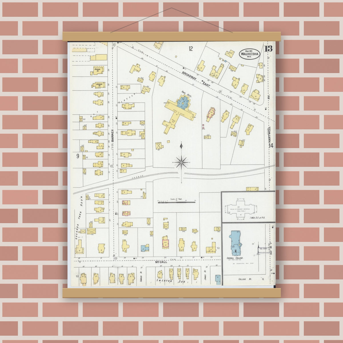 Old map wall art mockup — magnetic wood frame on brick wall — Sanborn Fire Insurance Map from Waukesha, Waukesha County, Wisconsin (1901), Sheet #0013