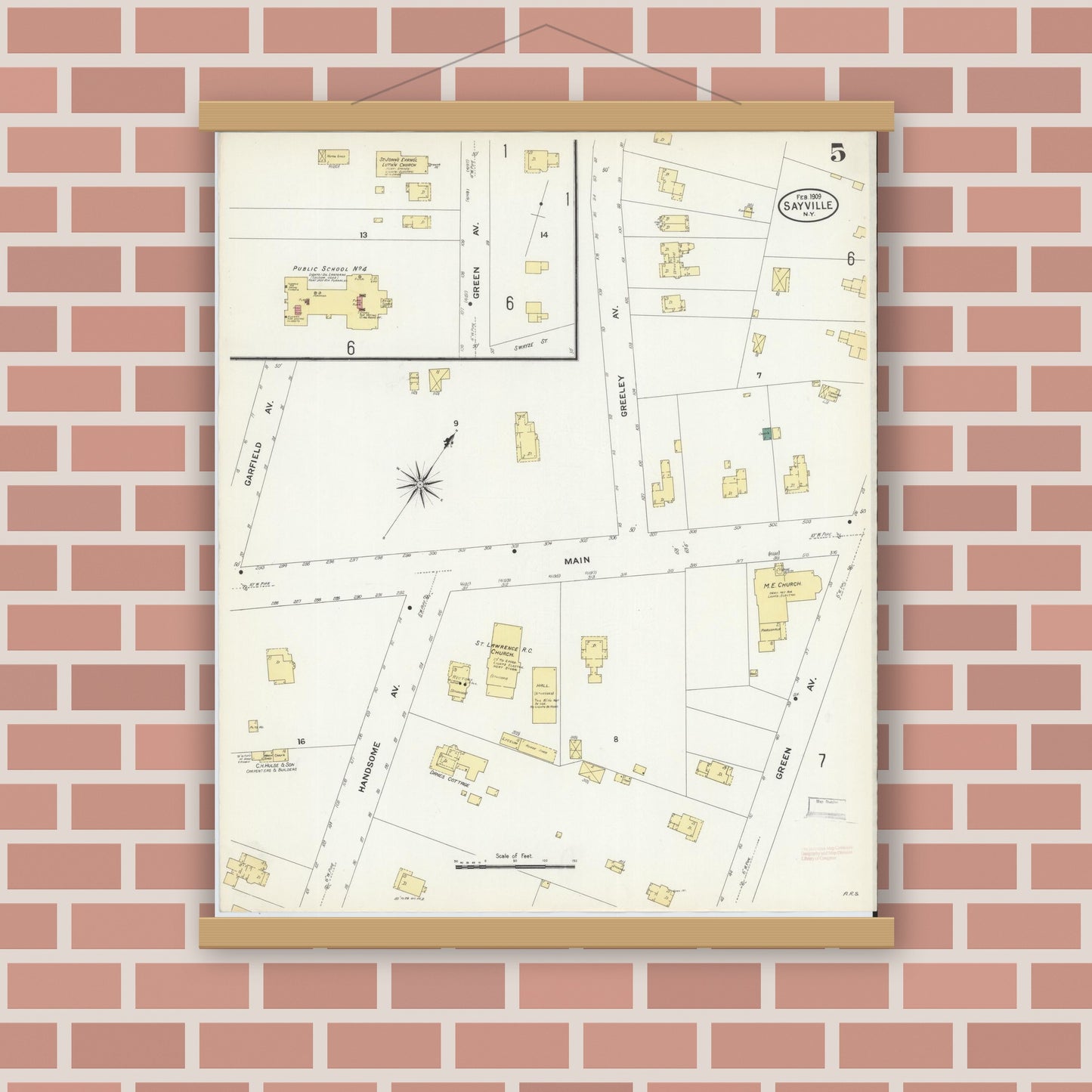 Old map wall art mockup — magnetic wood frame on brick wall — Sanborn Fire Insurance Map from Sayville, Suffolk County, New York (1909), Sheet #0005