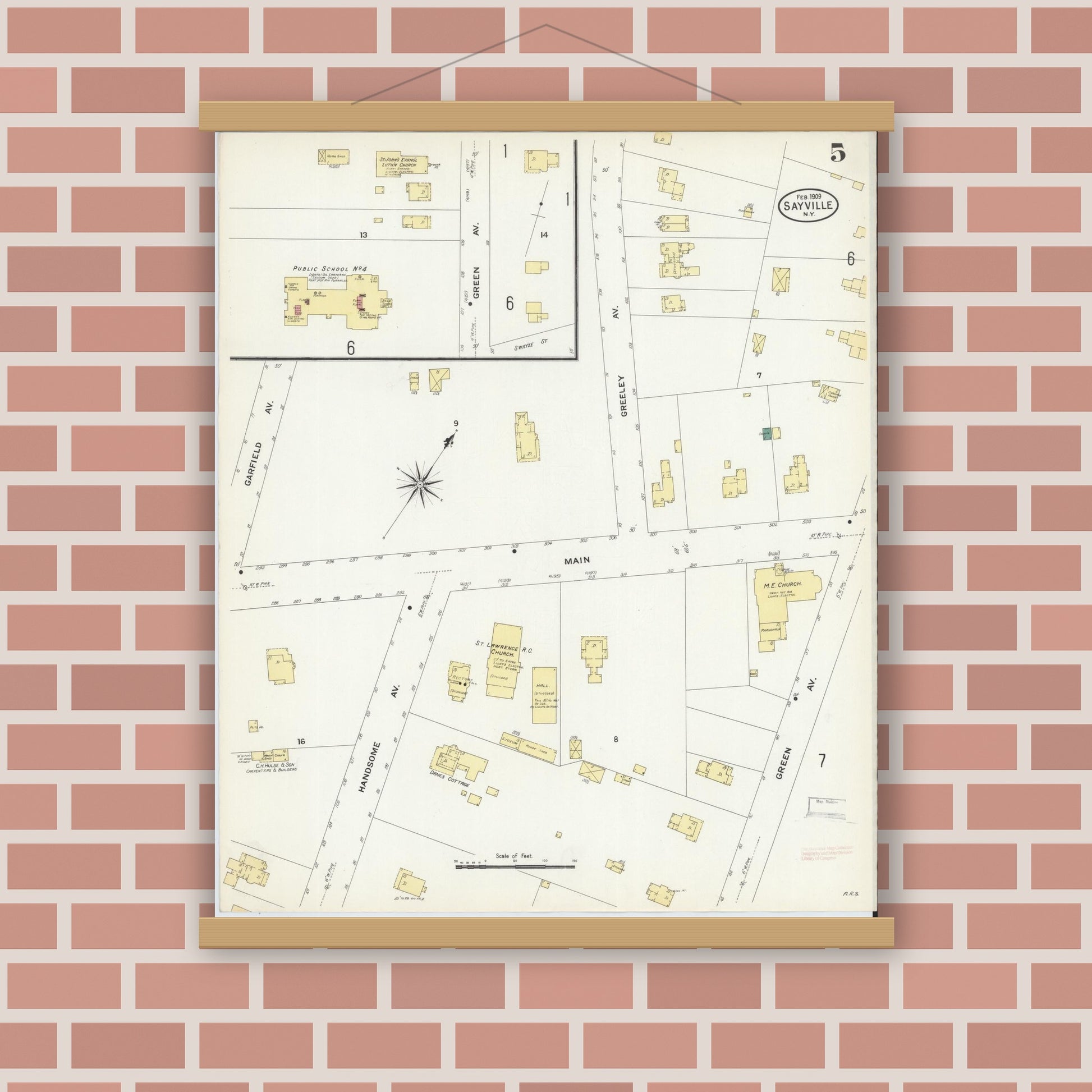 Old map wall art mockup — magnetic wood frame on brick wall — Sanborn Fire Insurance Map from Sayville, Suffolk County, New York (1909), Sheet #0005