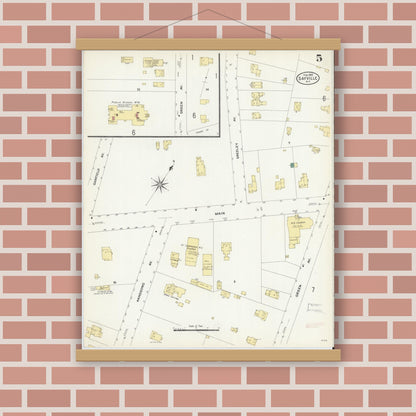 Old map wall art mockup — magnetic wood frame on brick wall — Sanborn Fire Insurance Map from Sayville, Suffolk County, New York (1909), Sheet #0005