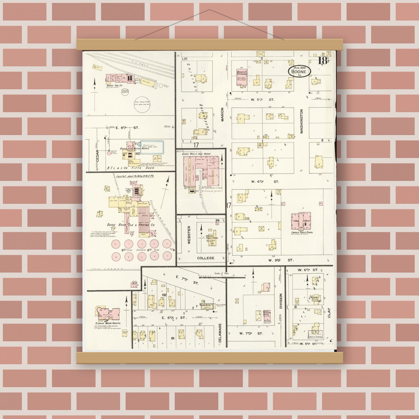 Old map wall art mockup — magnetic wood frame on brick wall — Sanborn Fire Insurance Map from Boone, Boone County, Iowa (1909), Sheet #0018