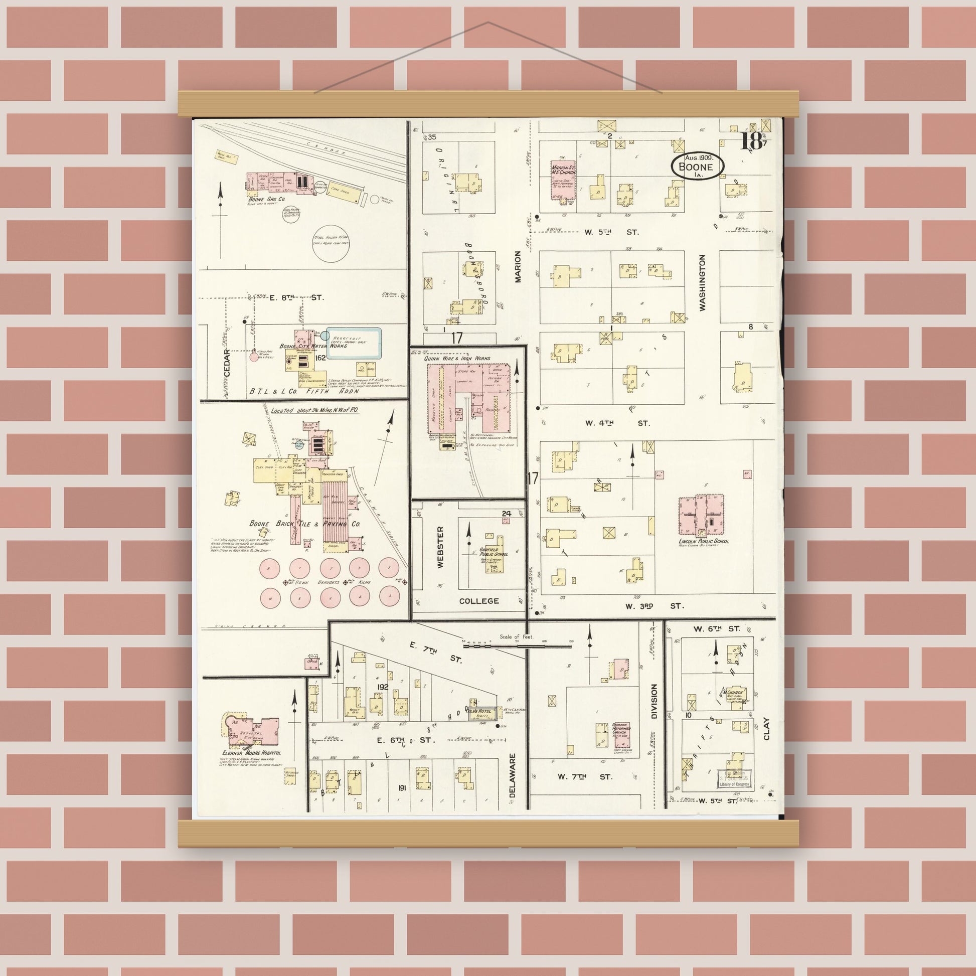 Old map wall art mockup — magnetic wood frame on brick wall — Sanborn Fire Insurance Map from Boone, Boone County, Iowa (1909), Sheet #0018