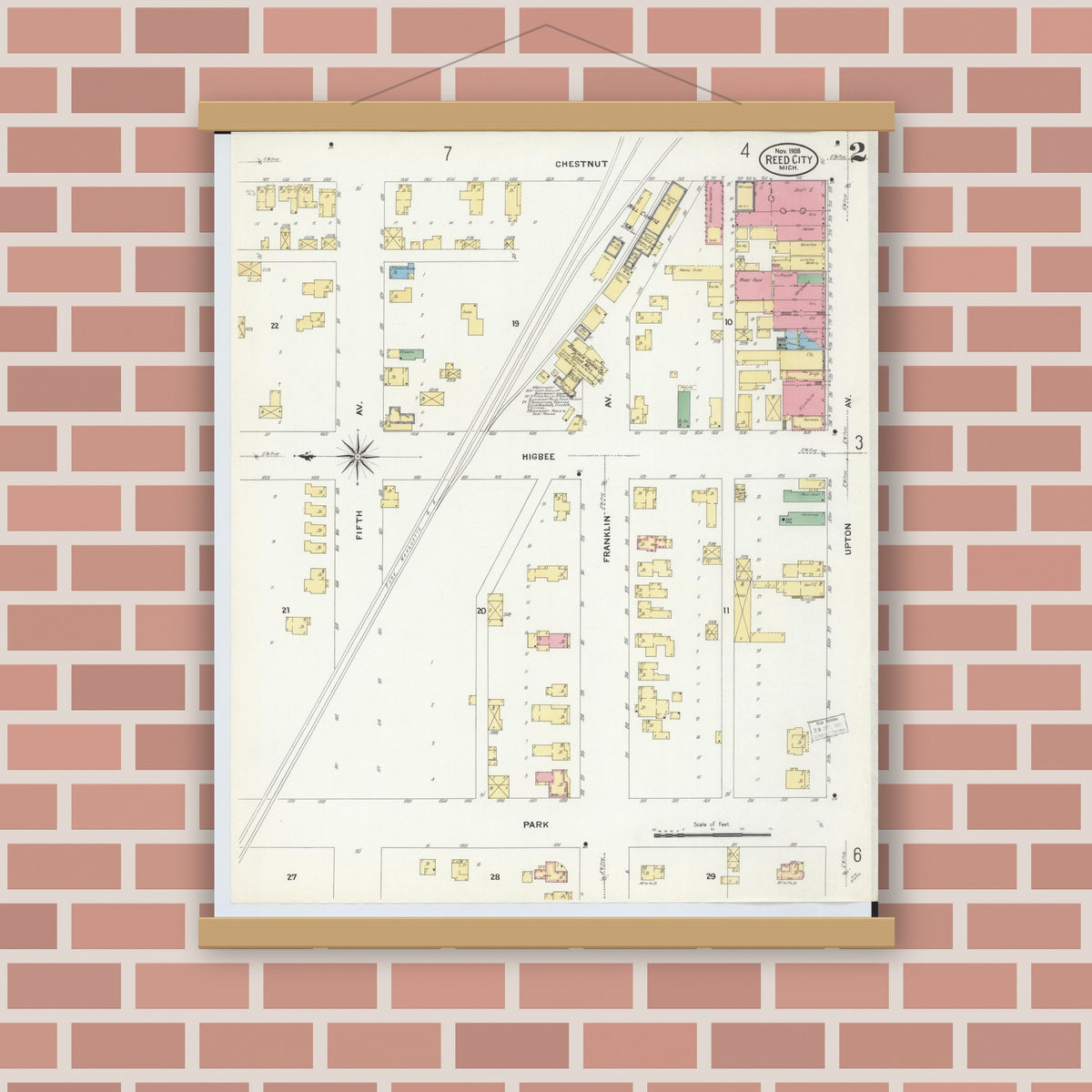 Old map wall art mockup — magnetic wood frame on brick wall — Sanborn Fire Insurance Map from Reed City, Osceola County, Michigan (1908), Sheet #0002