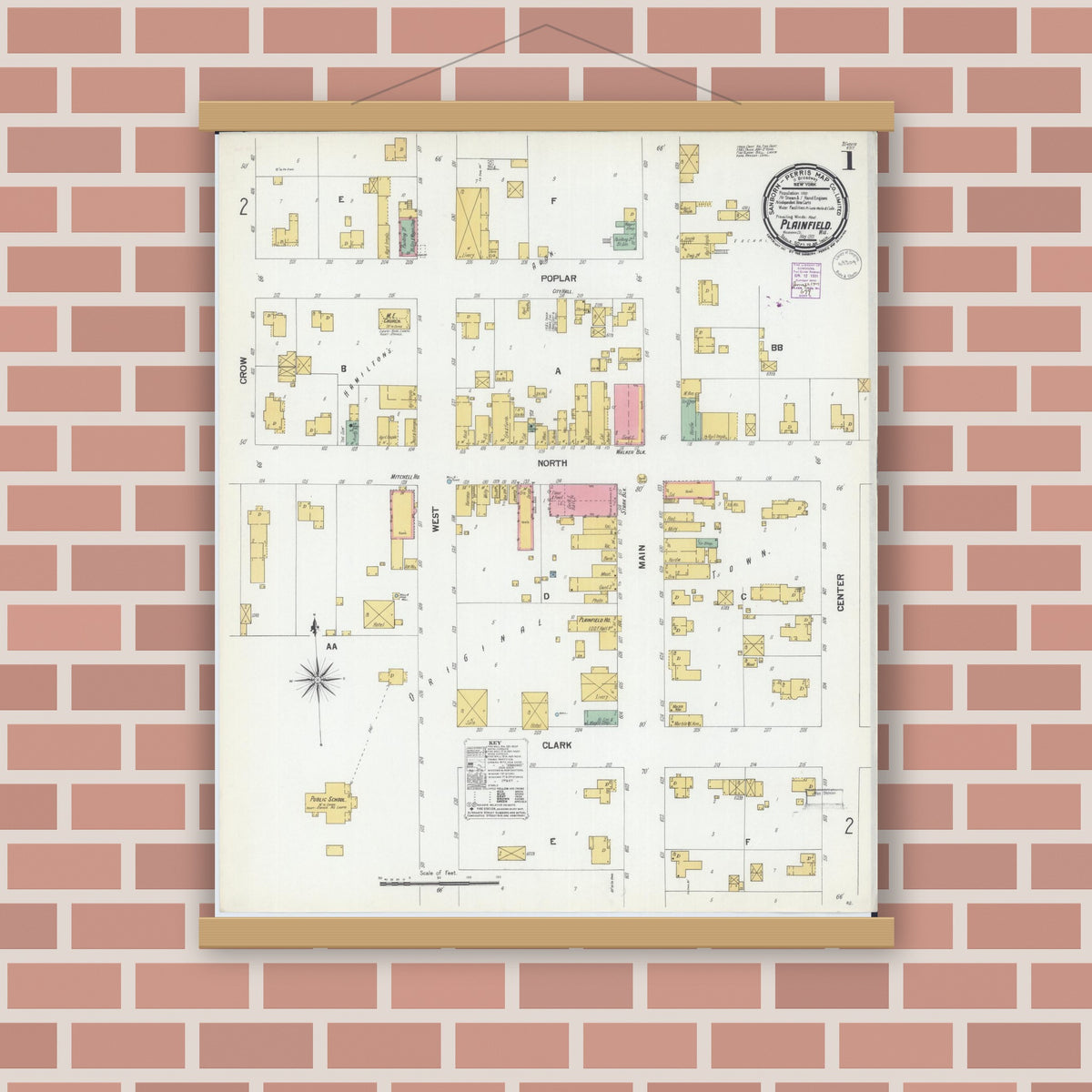 Old map wall art mockup — magnetic wood frame on brick wall — Sanborn Fire Insurance Map from Plainfield, Waushara County, Wisconsin (1901) - Complete Map Set