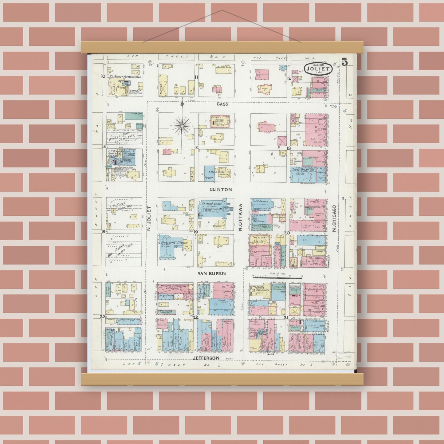 Old map wall art mockup — magnetic wood frame on brick wall — Sanborn Fire Insurance Map from Joliet, Will County, Illinois (1891), Sheet #0005