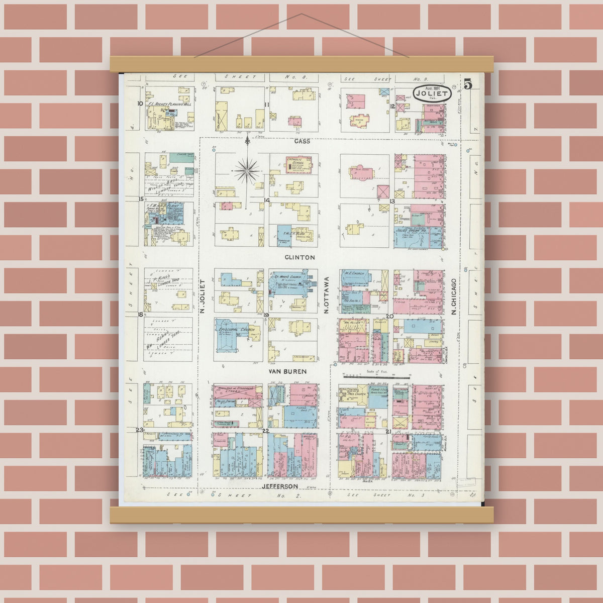 Old map wall art mockup — magnetic wood frame on brick wall — Sanborn Fire Insurance Map from Joliet, Will County, Illinois (1891), Sheet #0005
