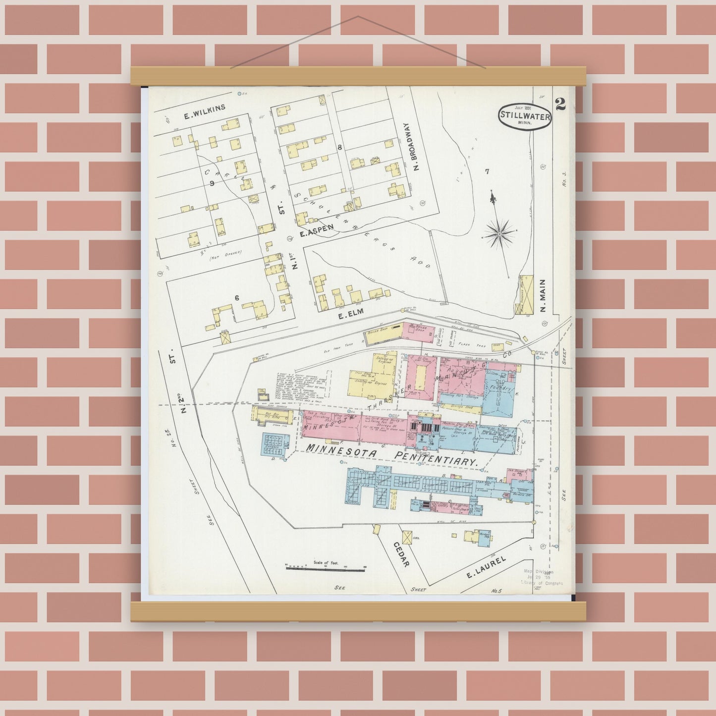Old map wall art mockup — magnetic wood frame on brick wall — Sanborn Fire Insurance Map from Stillwater, Washington County, Minnesota (1891), Sheet #0002
